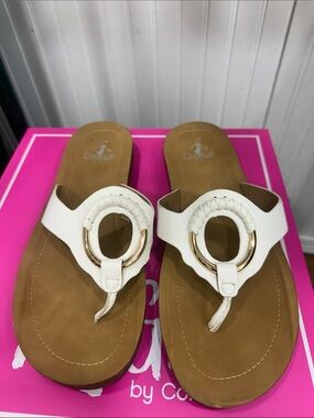 NWOT Corkys White and Tan Braided Ring Thong Sandals Size 10